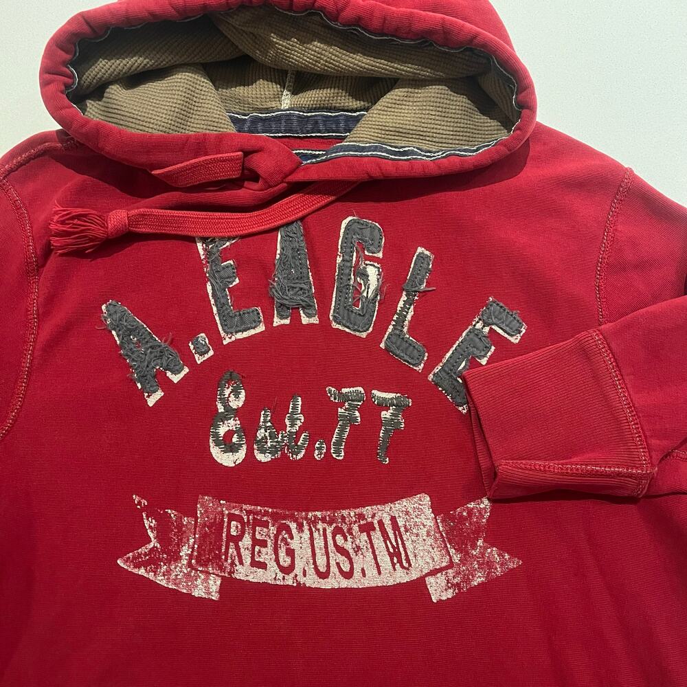 American Eagle 77 Red Hoodie Sweatshirt Distressed‎ Men's Large Eagle Fleece